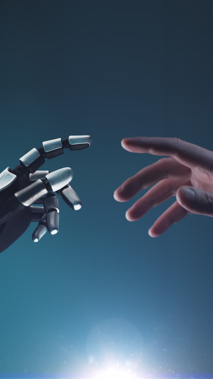 manos humanas y robóticas extendiéndose una hacia la otra