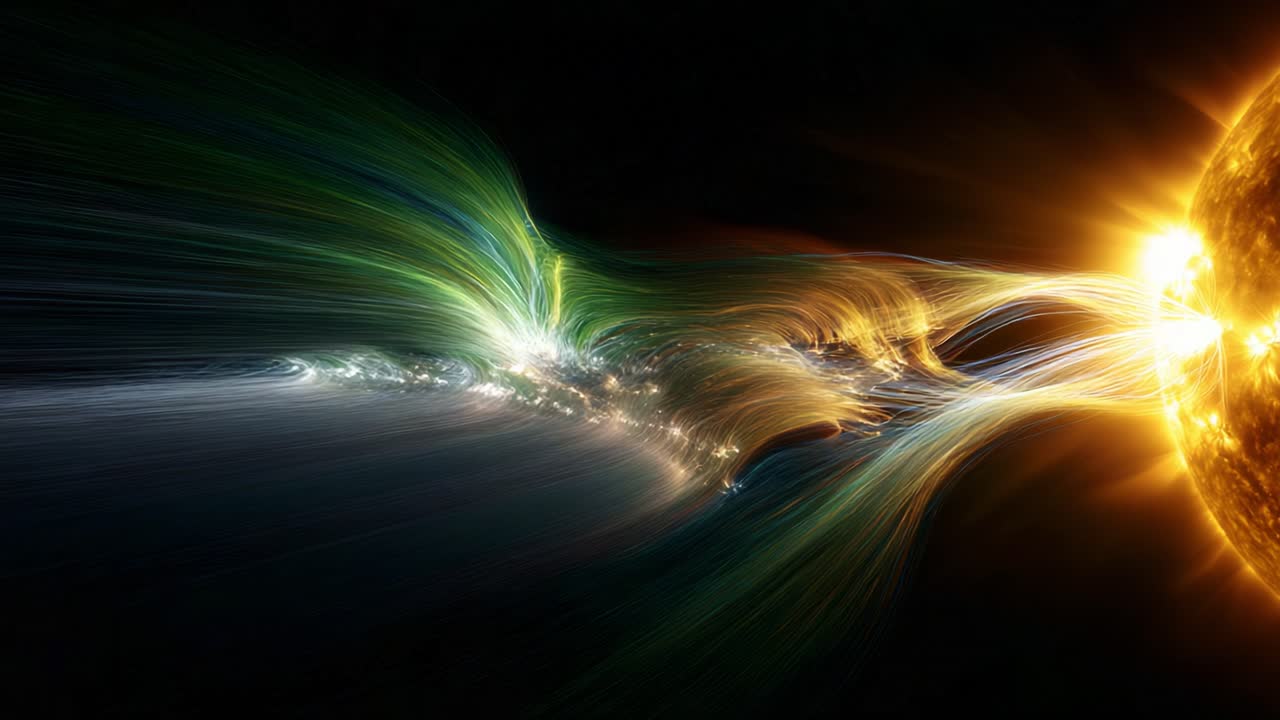 A mesmerizing view of solar wind interacting with cosmic particles, showcasing vibrant colors and energy streams emanating from the sun in a beautiful cosmic tapestry