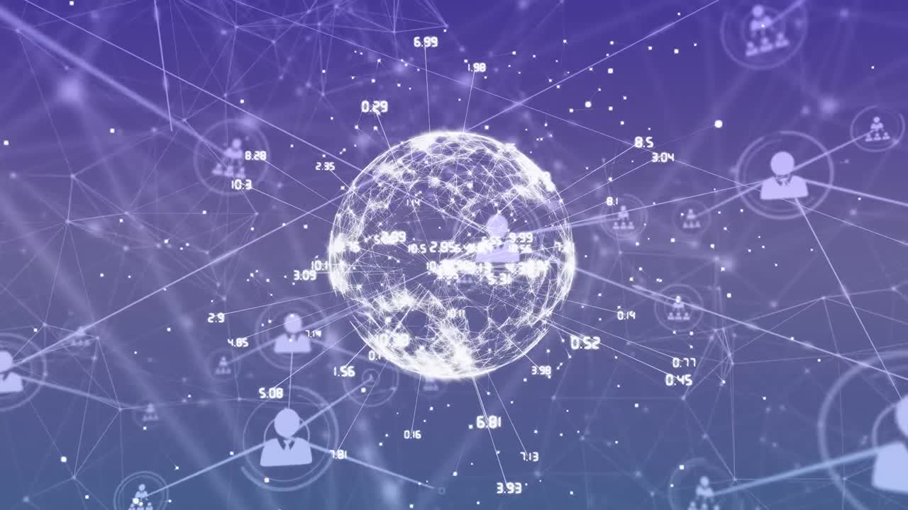 파란색 배경 위에 아이콘과 글로브로 연결된 네트워크의 애니메이션