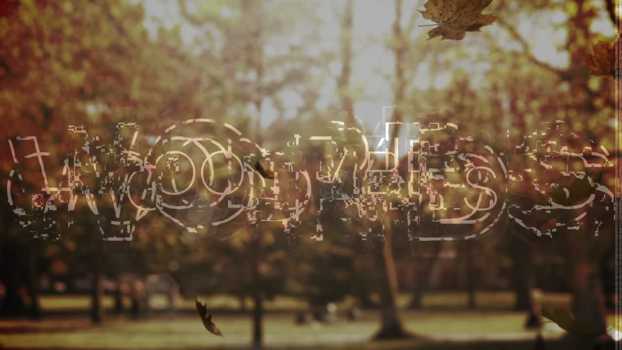 단어의 애니메이션 좋은 진동은  ⁇ 색으로 쓰여진 다음 파란색 글자 가을 나무 위에 왜곡