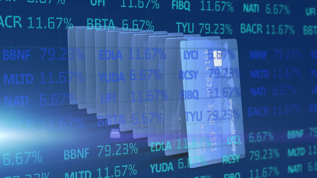 animación del procesamiento de datos financieros a través de tarjetas de crédito en fila