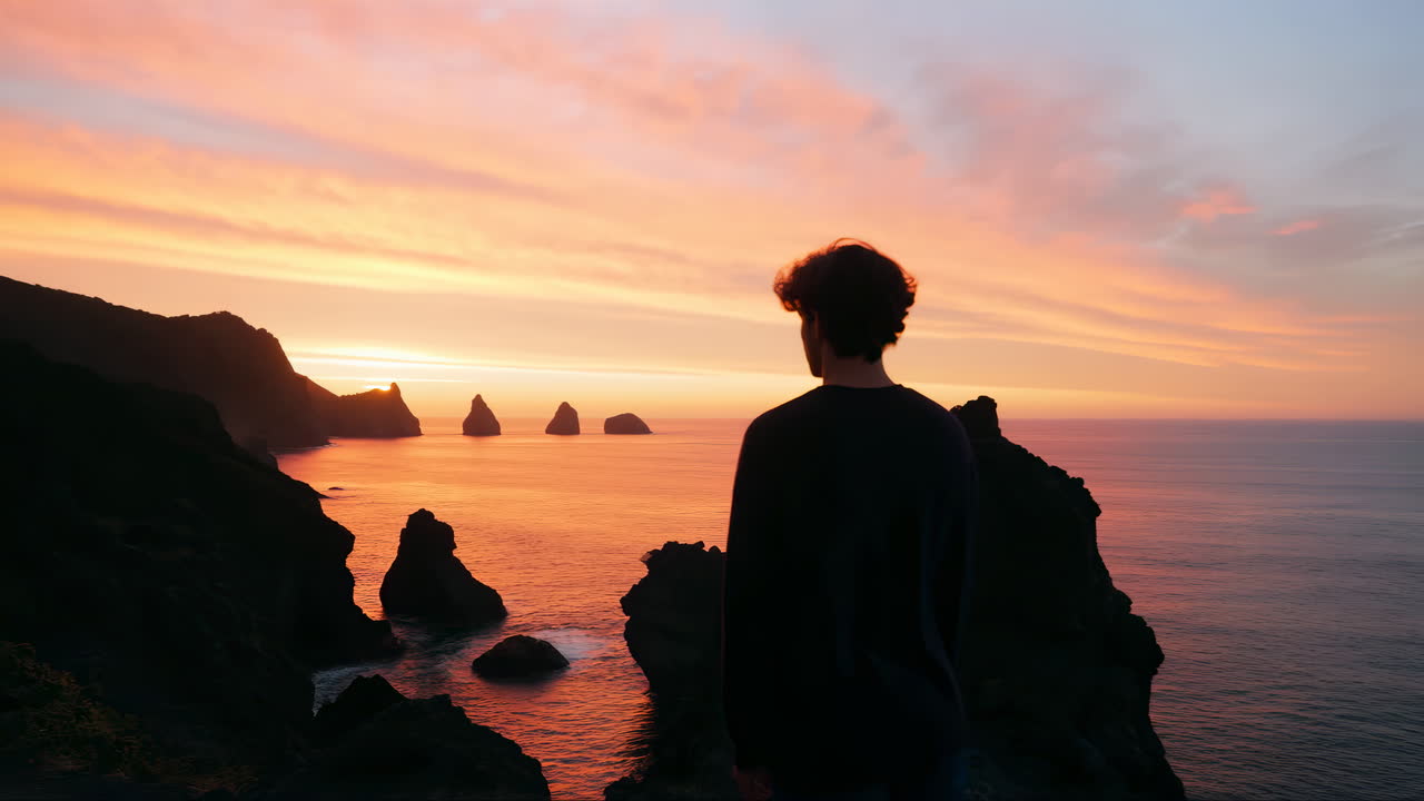 Man Standing on Cliff Overlooking Ocean at Vibrant Sunset