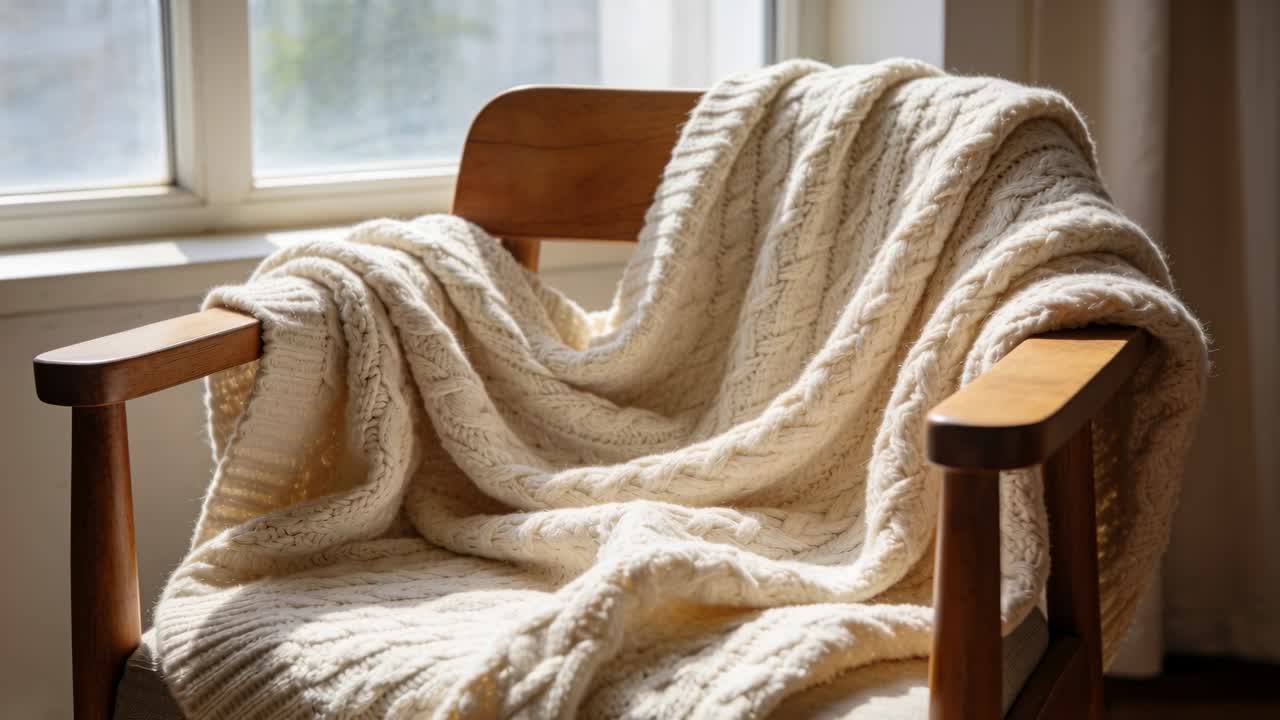 Luce solare cangiante che rivela la trama a maglia su una poltrona di legno con un plaid color crema vicino alla finestra, aggiungendo calore