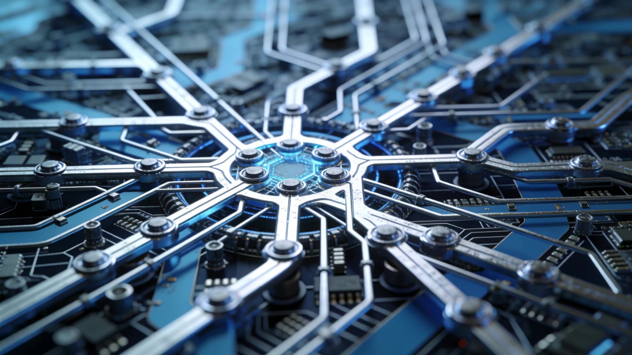 Camera pushing closer and tightening focus, radial metal hub pulsing blue core on circuit board