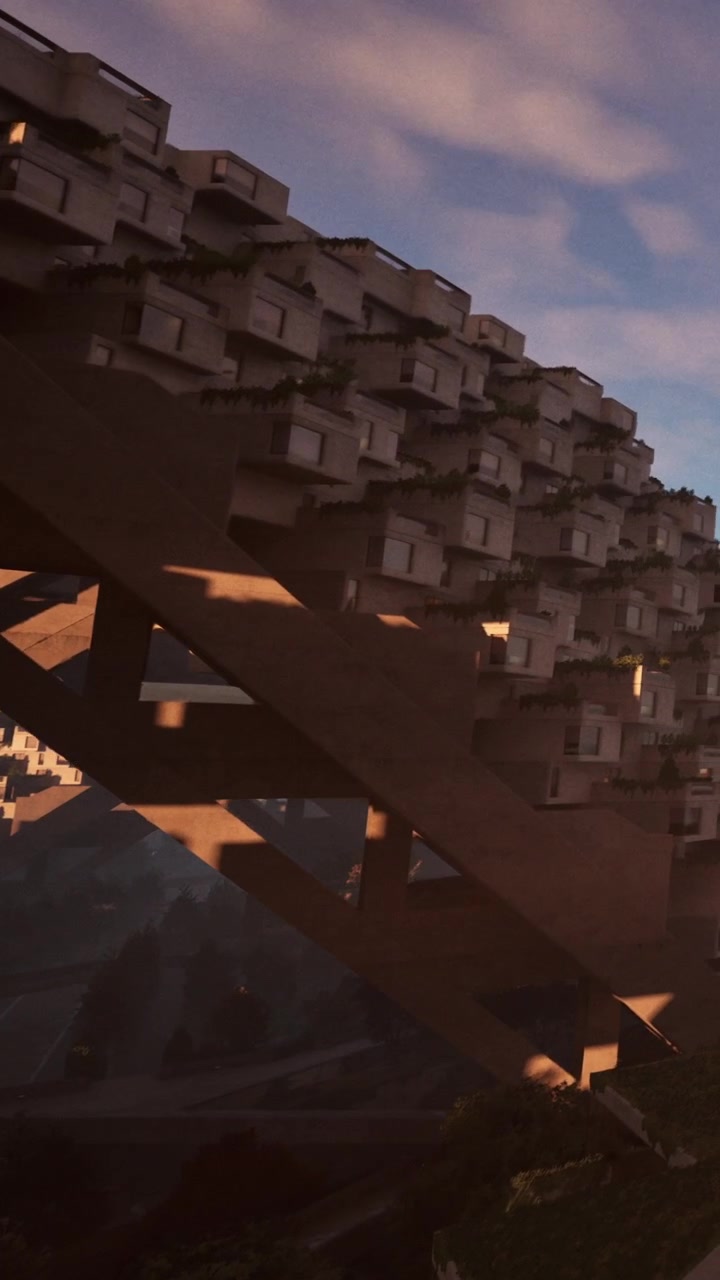 Diseño de edificio con estructuras complejas en un entorno urbano durante el atardecer