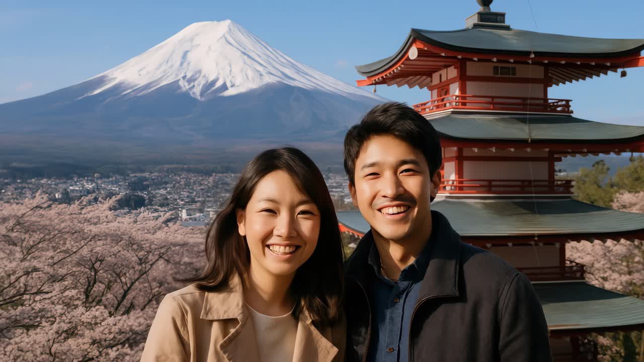 Una coppia sorride di fronte a una pagoda con il Monte Fuji sullo sfondo