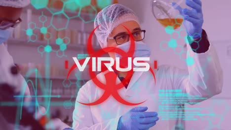 la palabra virus escrita sobre el signo de peligro para la salud con científicos trabajando en el fondo covid19 corona