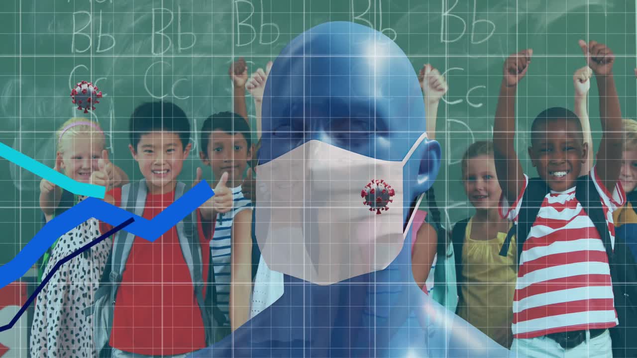 코로나바이러스 세포가 학교 아이들에게 퍼지고 있습니다. 그래프와 차트와 마스크를 입은 사람과 함께