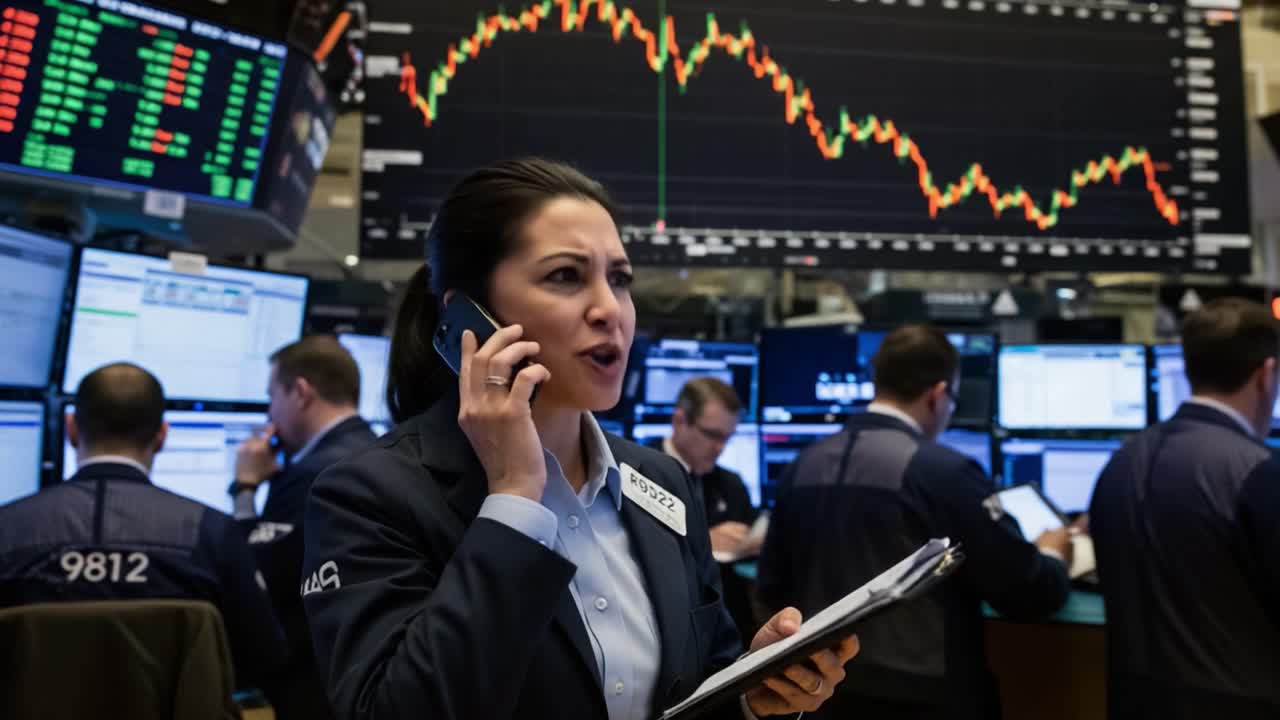 Intensa sessione di trading: un trader di borsa reagisce ai prezzi in calo con urgenza e preoccupazione in un ambiente finanziario ad alto rischio.