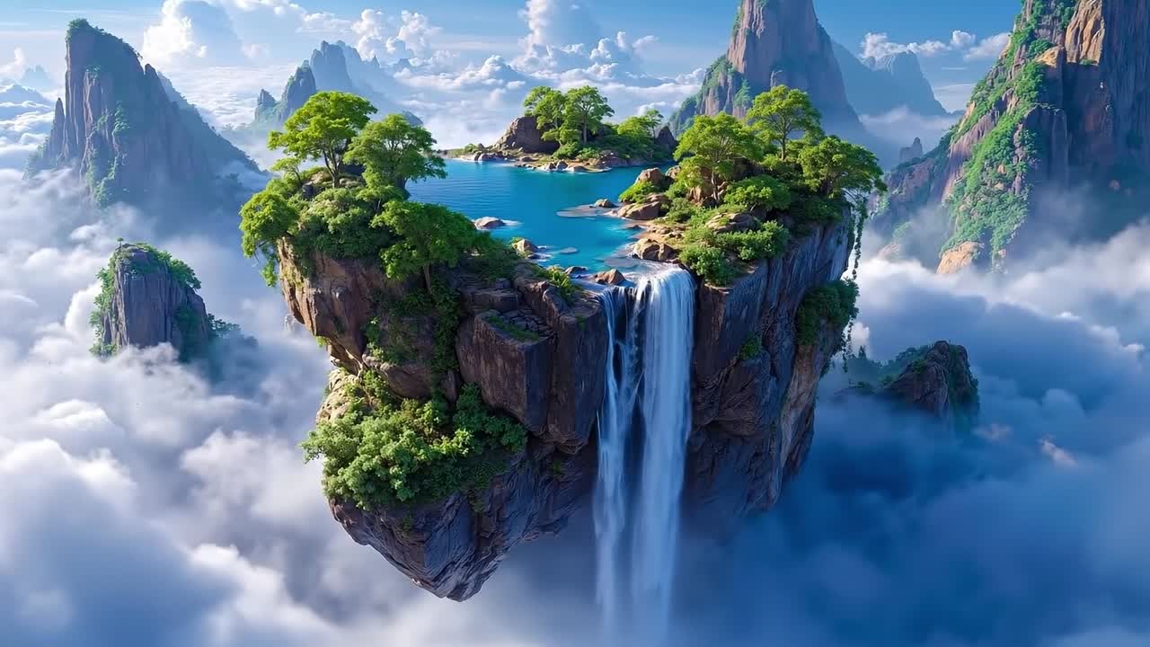 A small island in the middle of a mountain with a waterfall in the sky