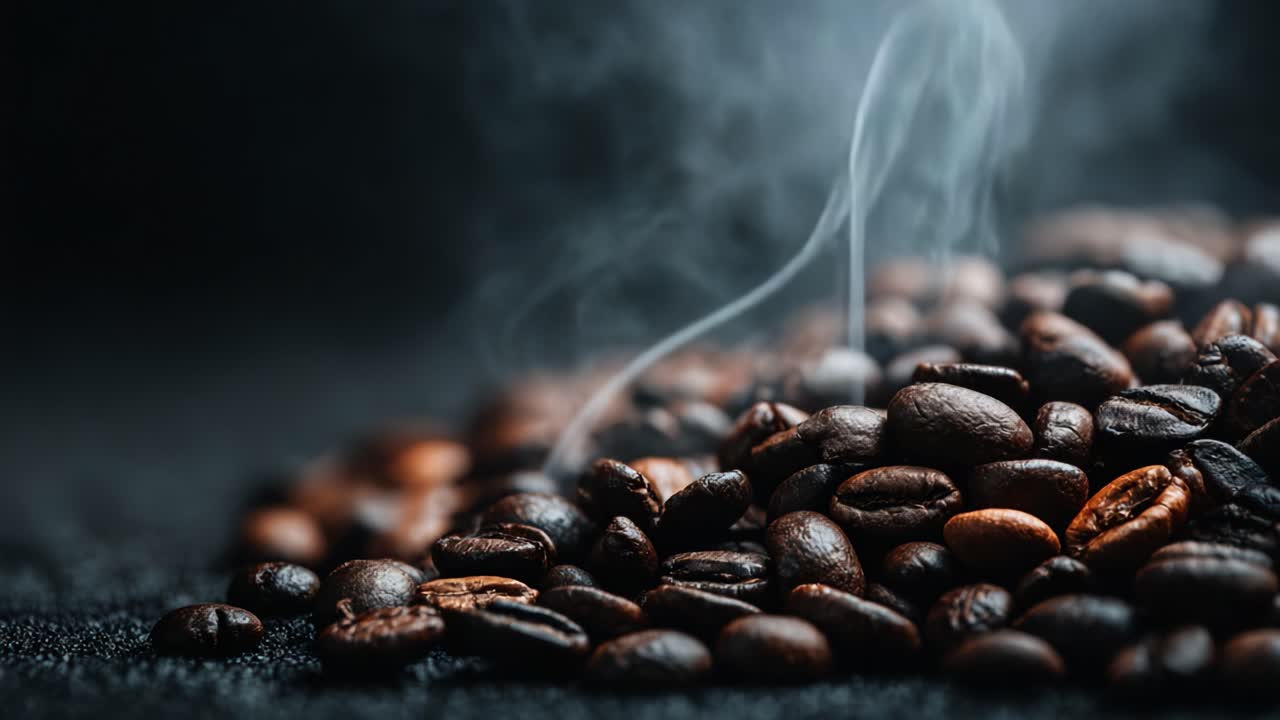 Fængslende nærbillede af friskristede kaffebønner omgivet af aromatisk damp, der fremhæver deres rige farve og tekstur i mørke omgivelser