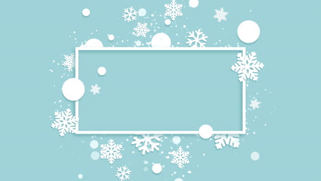 merry christmas and new year card with rectangle frame on blue background. greeting card with cute snowflakes, decorations. loop animation. copy space.