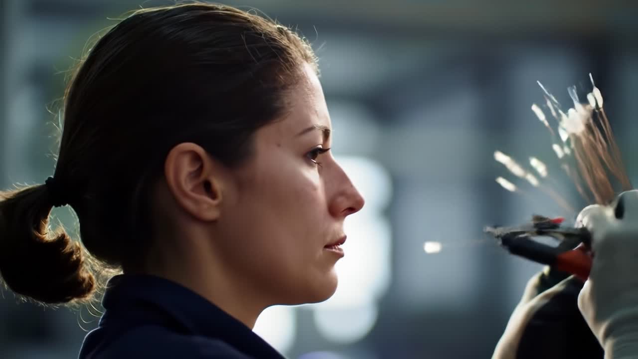 A woman expertly handles wire manipulation tools in a workshop. She concentrates intently while crafting intricate designs, displaying her skill and creativity in the art of wirework.