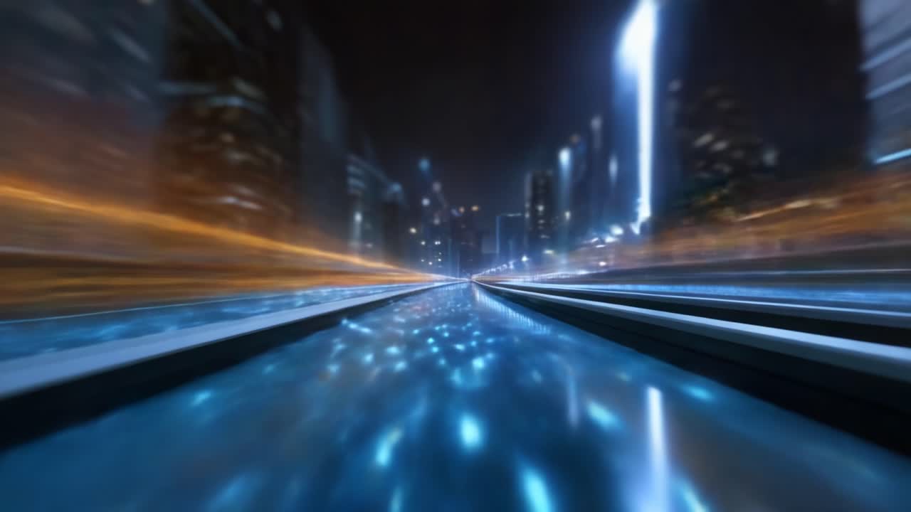 Una splendida vista notturna di un paesaggio urbano con un corso d'acqua luminoso e riflessi vivaci sotto luci scintillanti e grattacieli con effetti di sfocatura da movimento