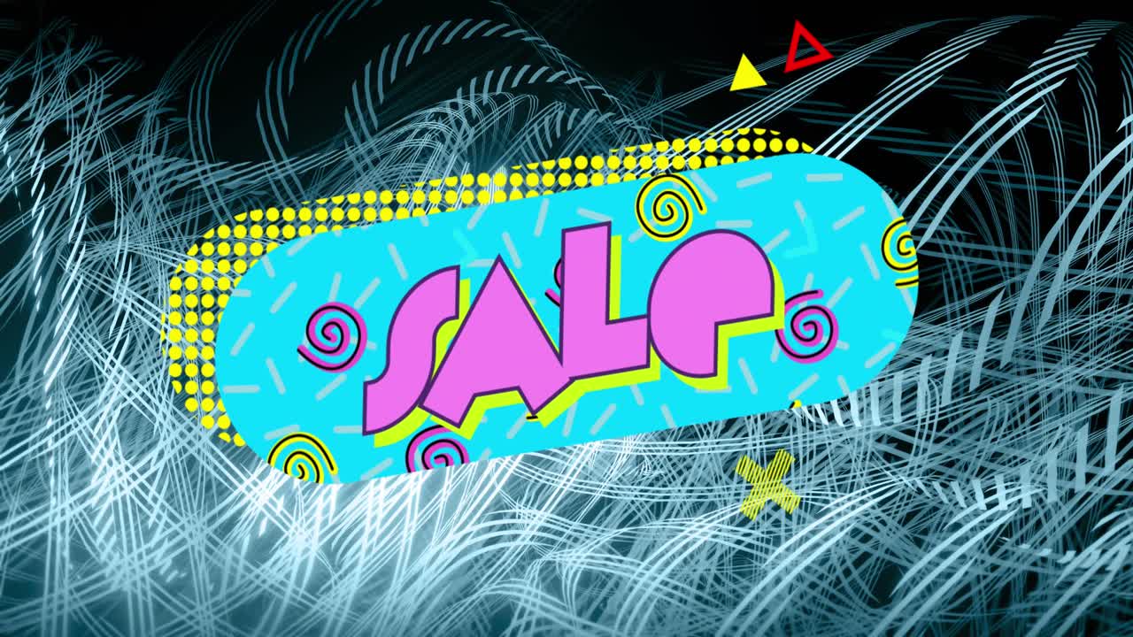 Animazione della scritta "saldi" su un banner colorato e forme astratte su scie di luce blu.