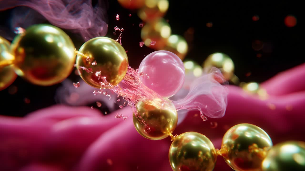 Dynamic Interaction of Colorful Bubbles and Golden Spheres Captured in a Stunning Close-Up, Illustrating the Fascinating Processes of Physics and Chemistry in a Vivid, Abstract Representation