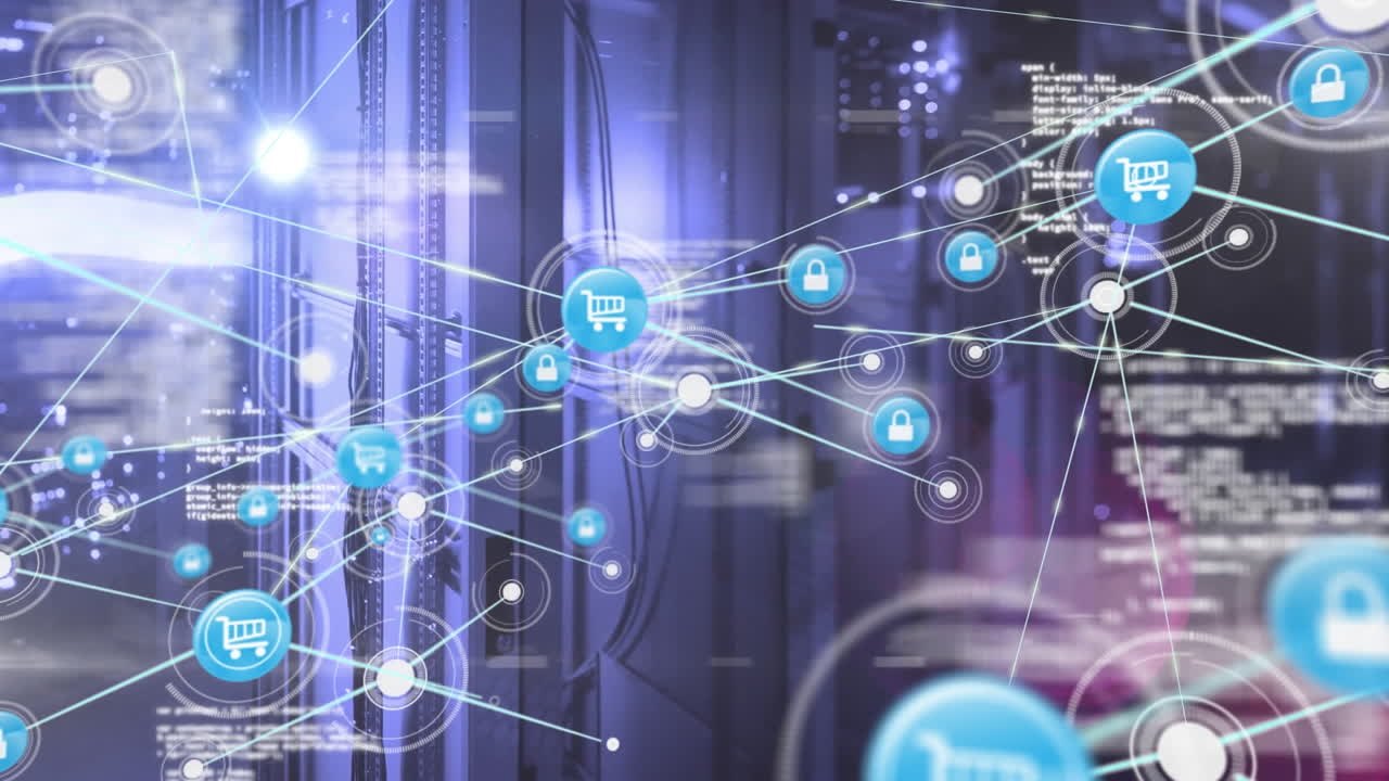 Animation of lens flares, connected icons and programing language against server room