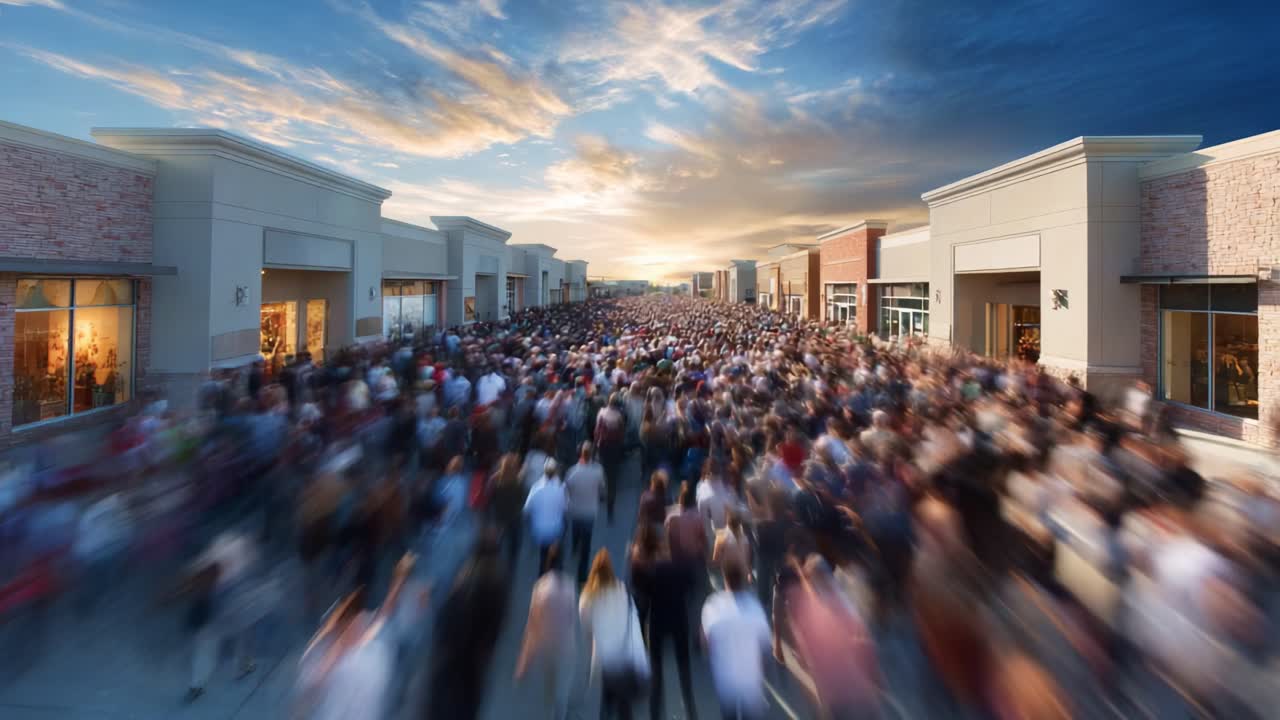 A Bustling Crowd in a Shopping Area: Capturing the Energy of a Marketplace During Sunset to Evening Transition with Vibrant Sky and Excited Shoppers Moving Through Stores