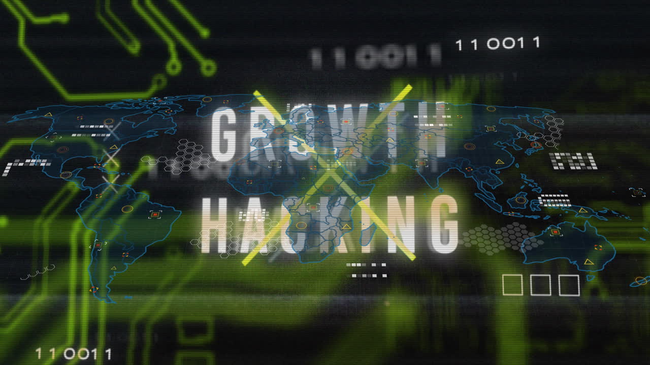 어두운 배경에서 회로판을 통해 텍스트 및 데이터 처리의 애니메이션