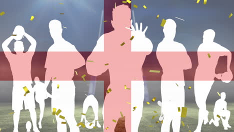 animation of flag of england and confetti over silhouettes of rugby players with ball at stadium