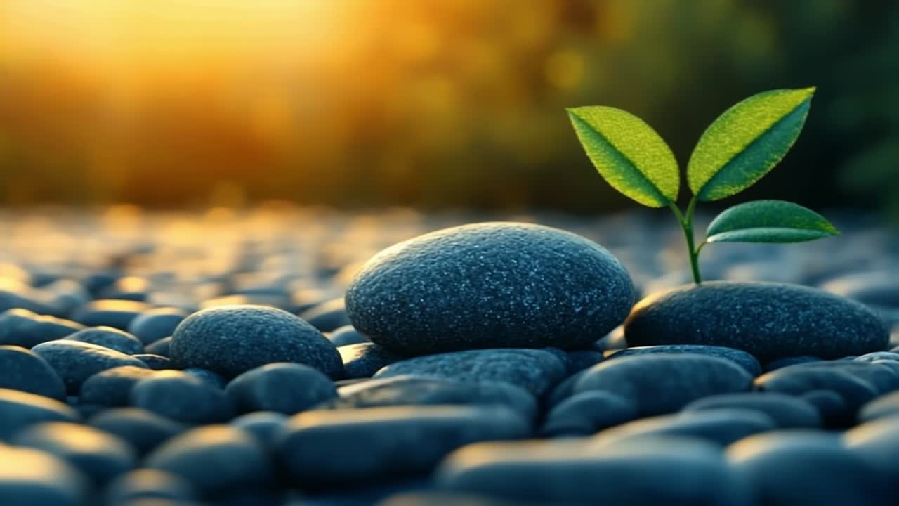 New life growing among stones at sunset. Green leaves sprout from a stone amidst a collection of pebbles, illuminated by warm sunset light.