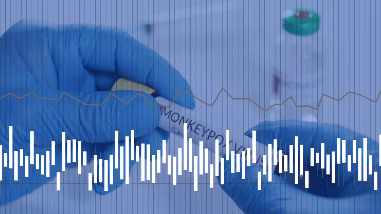 Holding monkeypox vial, gloved hands analyzing data graph with medical animation