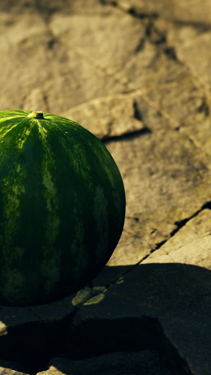 Unique watermelon perched on cracked rock under golden sunlight in nature