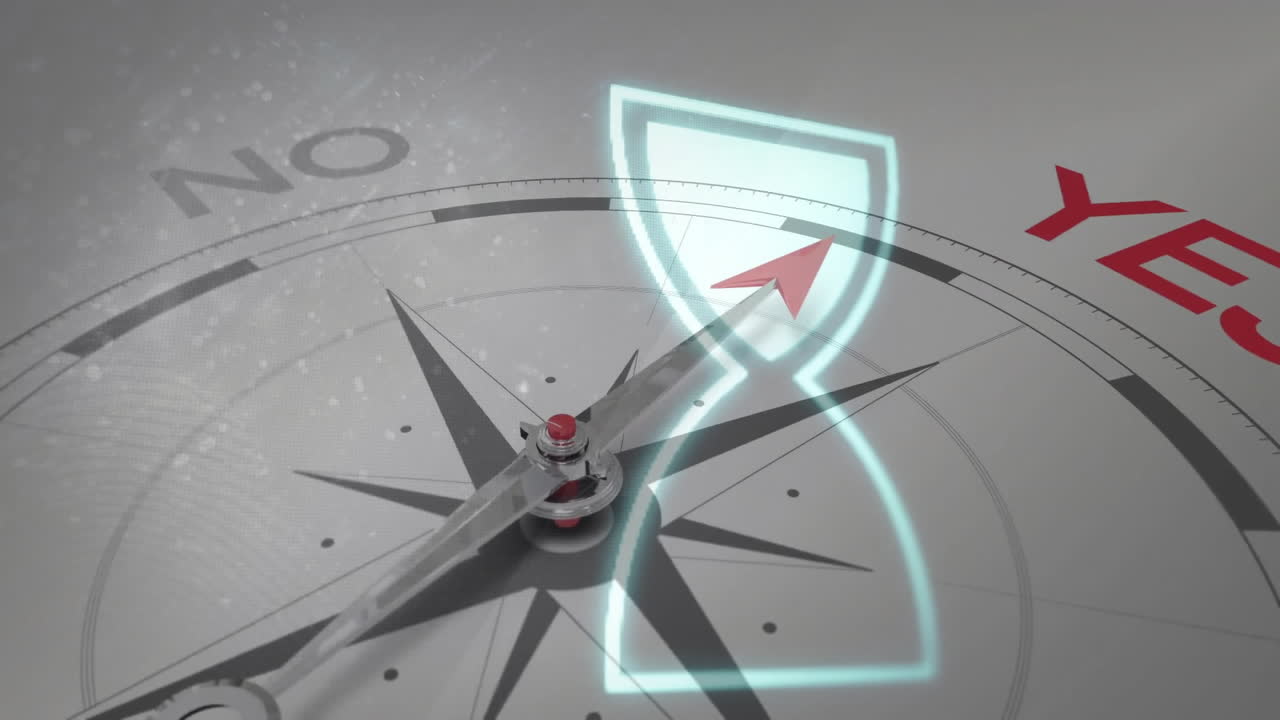 Compass needle pointing north with glowing hourglass overlay in animation