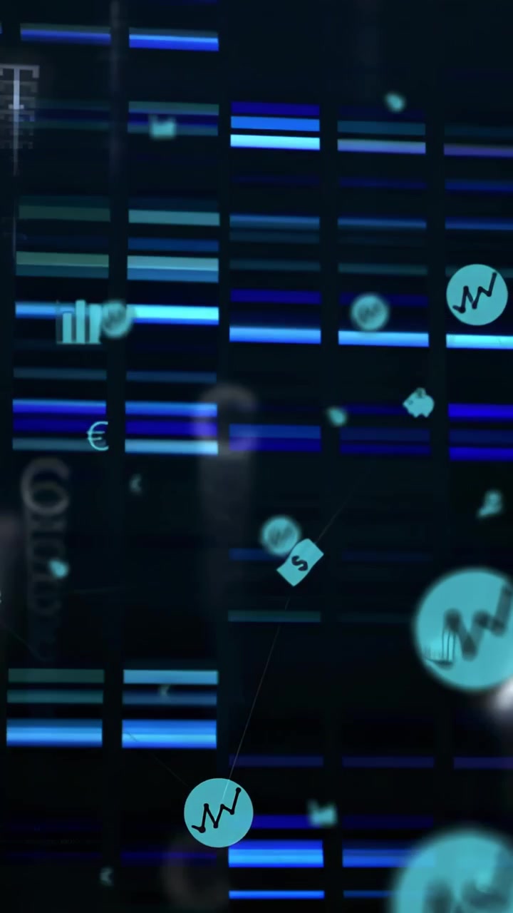 Vertical video: Left pan starting dataviz, bands scrolling, icons forming network, showing finance