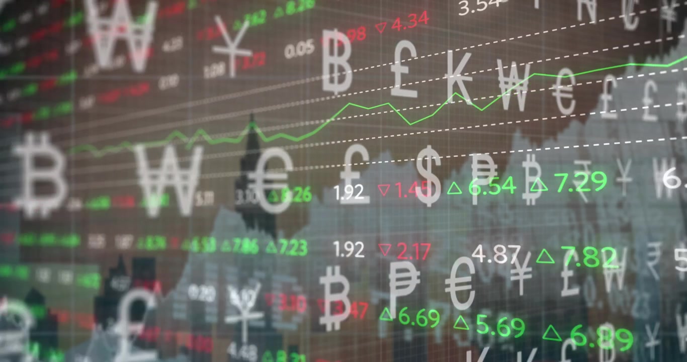 Animation of graphs and currency symbols on grey background