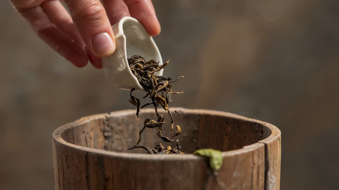 Entering top-left, pouring hand tilting cup on table, filling container with leaves, tea bud on rim
