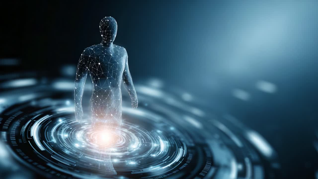 A futuristic representation of a digital human figure surrounded by glowing data patterns, showcasing the convergence of technology and the human form in a virtual landscape