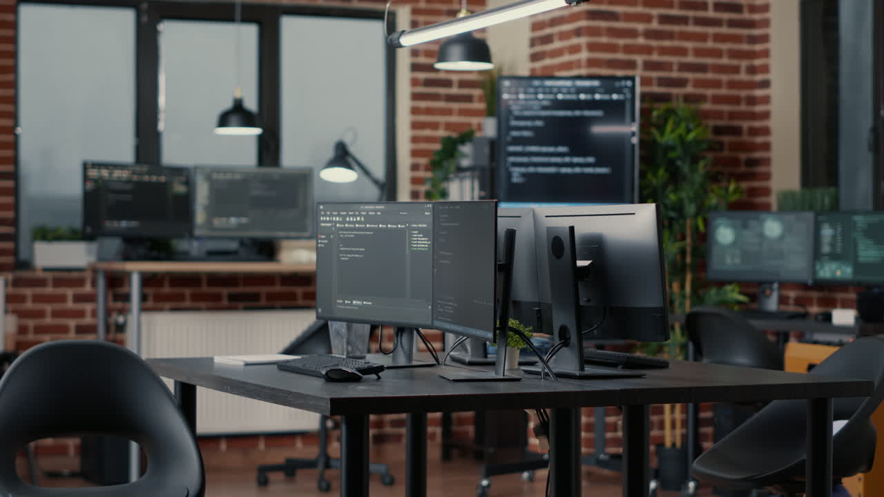 Computer screens running programming code in empty software developing agency office