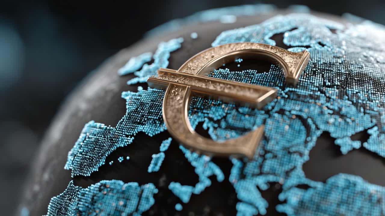 Upea lähikuva metallisesta eurosymbolista sinisellä korostetun maapallon päällä, edustaen globaalia taloutta ja rahoitusverkostoja.