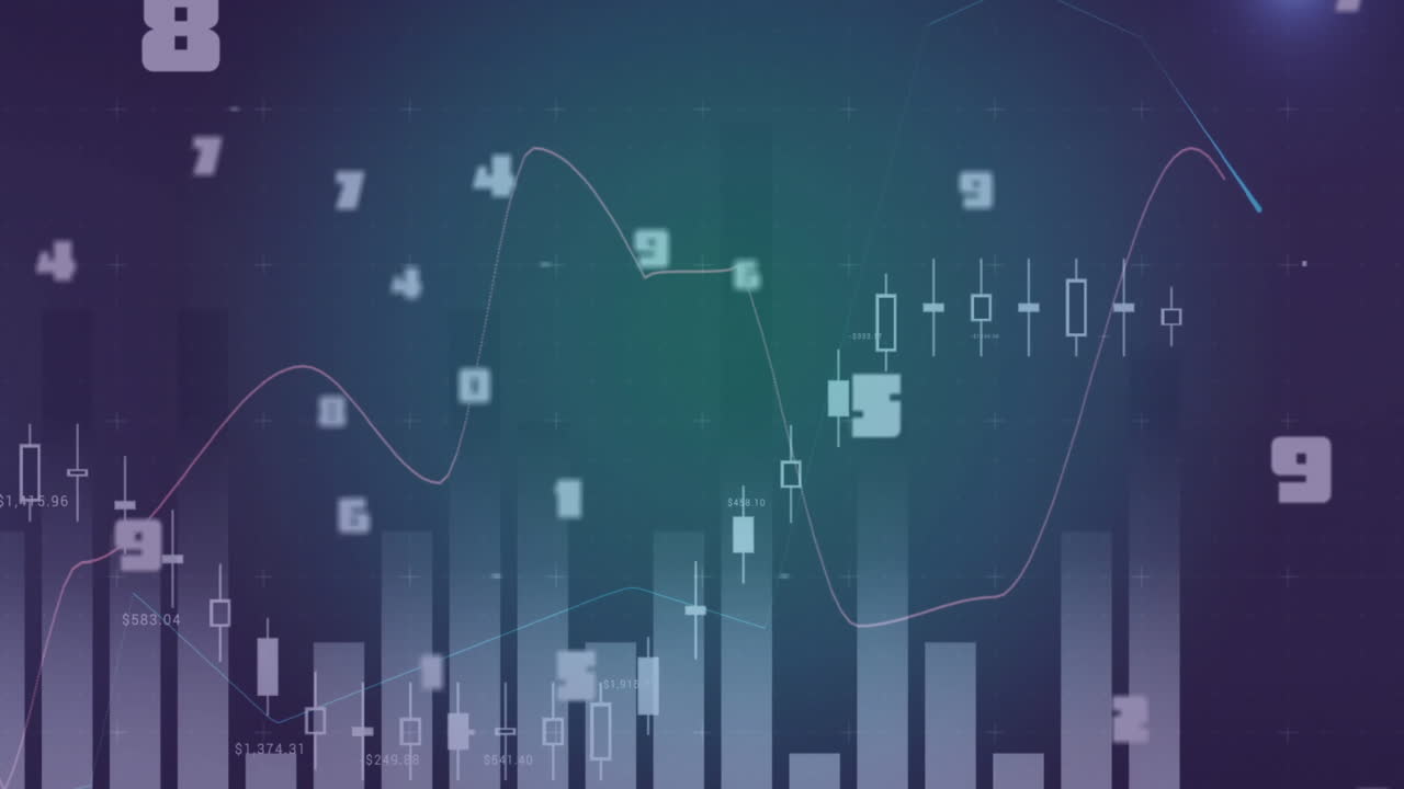 Animation of data processing over diagrams on blue background