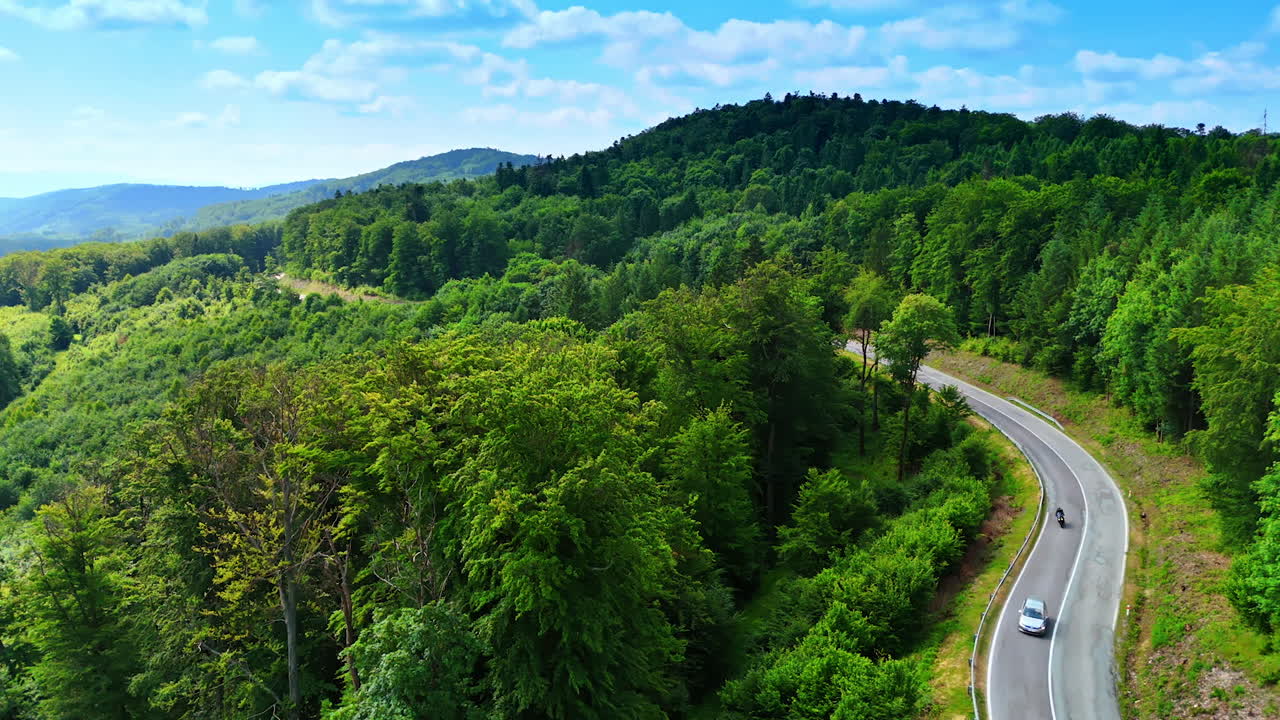 Lush green hills under bright blue sky. A vibrant landscape showcases rolling green hills and dense forests under a clear blue sky during daytime