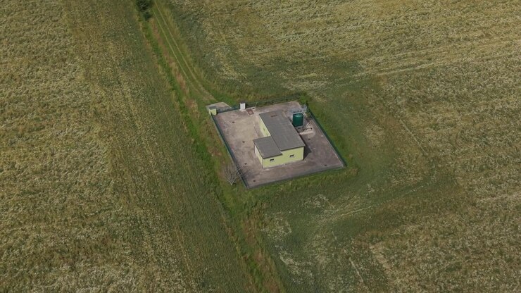Vista aerea di una stazione di pompaggio in un campo agricolo aperto.