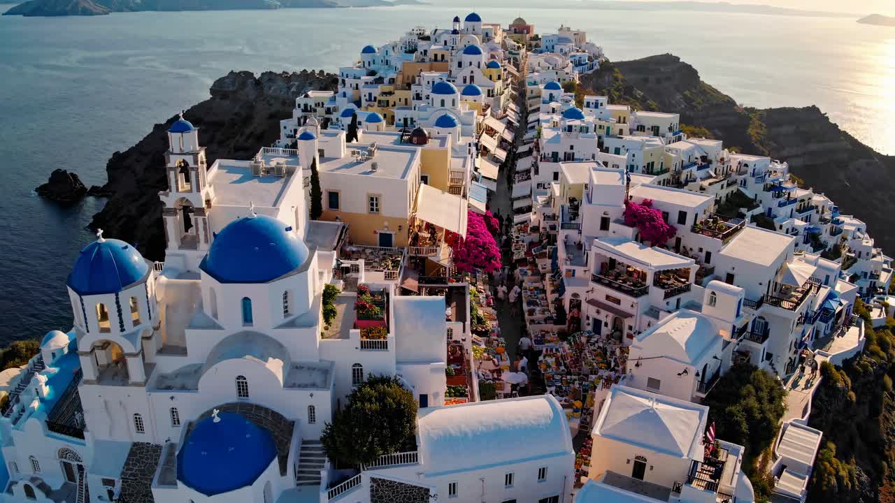 Aerial video captures a stunning view of Santorini's white and blue architecture
