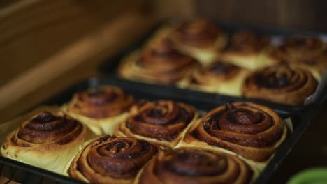 panaderos recién horneados docenas de rollos de canela sentados en la bandeja del horno negro dejado enfriar, filmado como de cerca inclinado hacia arriba disparo en cámara lenta