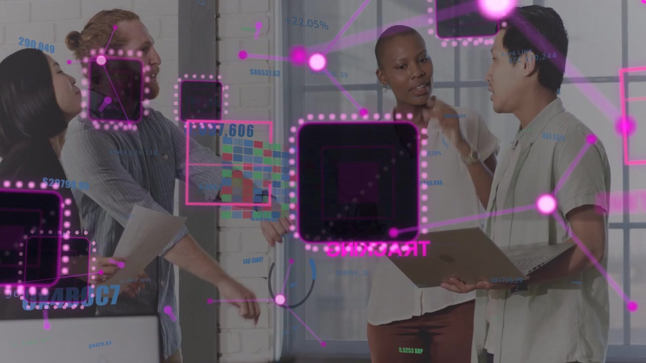 Vertical video: Team sharing docs, file opening moving magenta overlay over group for business