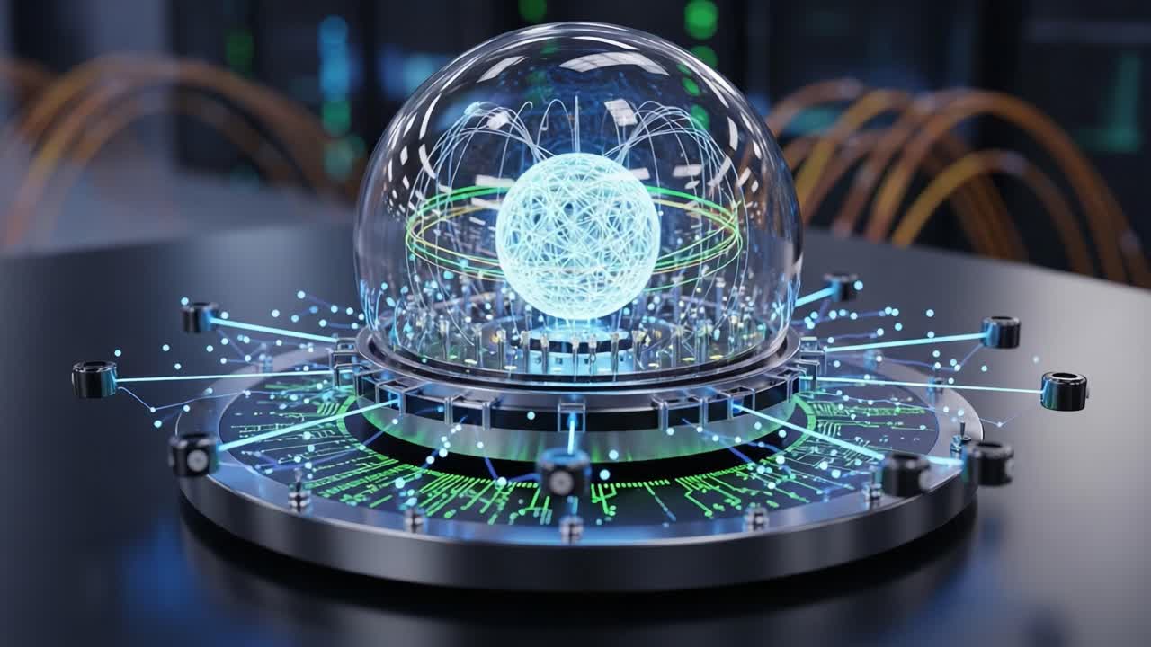 Een indrukwekkende visualisatie van een futuristische energiekern, ingesloten in een transparante koepel, omringd door pulserende datastromen en elektromagnetische patronen.