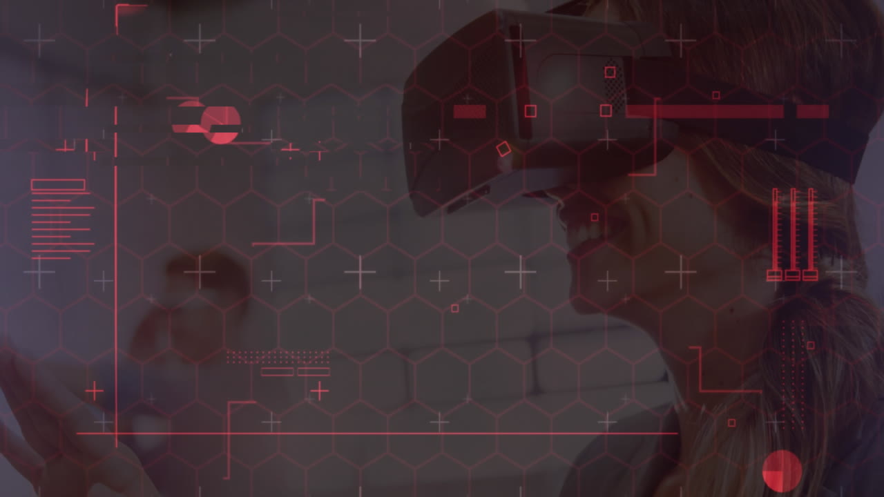 Digital interface with data processing against caucasian woman wearing vr headset at home