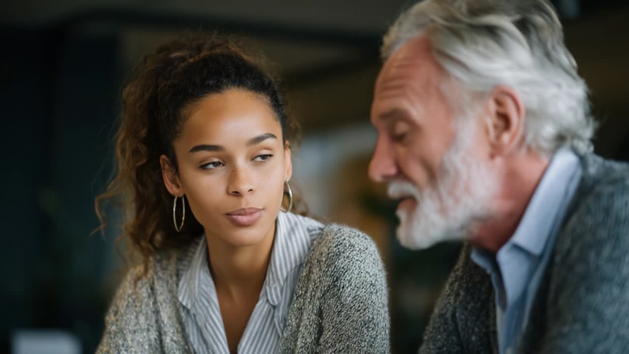 A Thoughtful Conversation Between Two Individuals Highlighting Intergenerational Dialogue and Connection in a Cozy, Relaxed Environment Filled with Warmth and Understanding