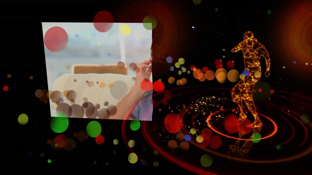 춤추는 인물과 헤드폰을 쓴 젊은이와 함께 색 ⁇ 의 빛을 움직이는 반점