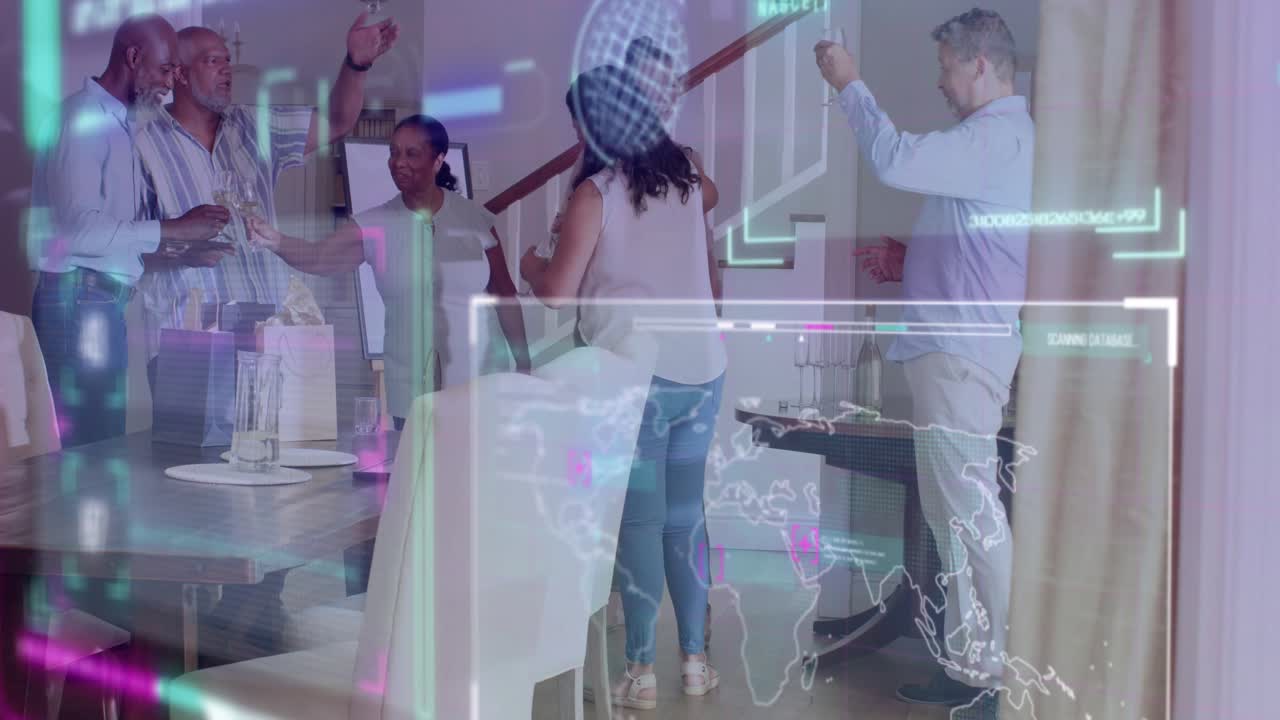 Six adults exchanging gift, celebrating at table, woman stepping, map UI overlay appearing for tech