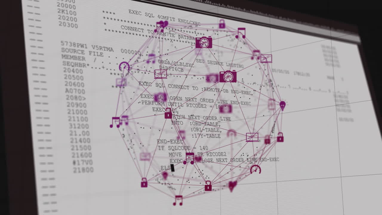 Animation of digital icons and connections over computer code in school setting