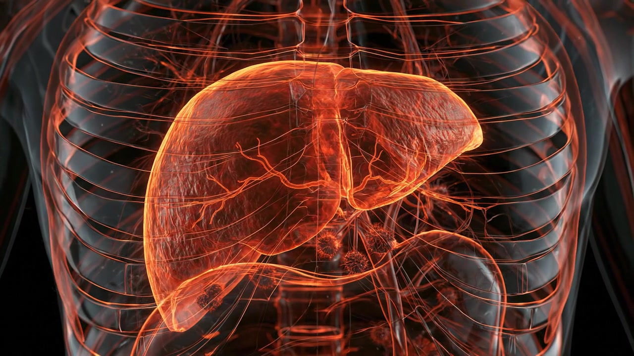 Glowing human liver visualization with detailed vascular structure in detailed footage