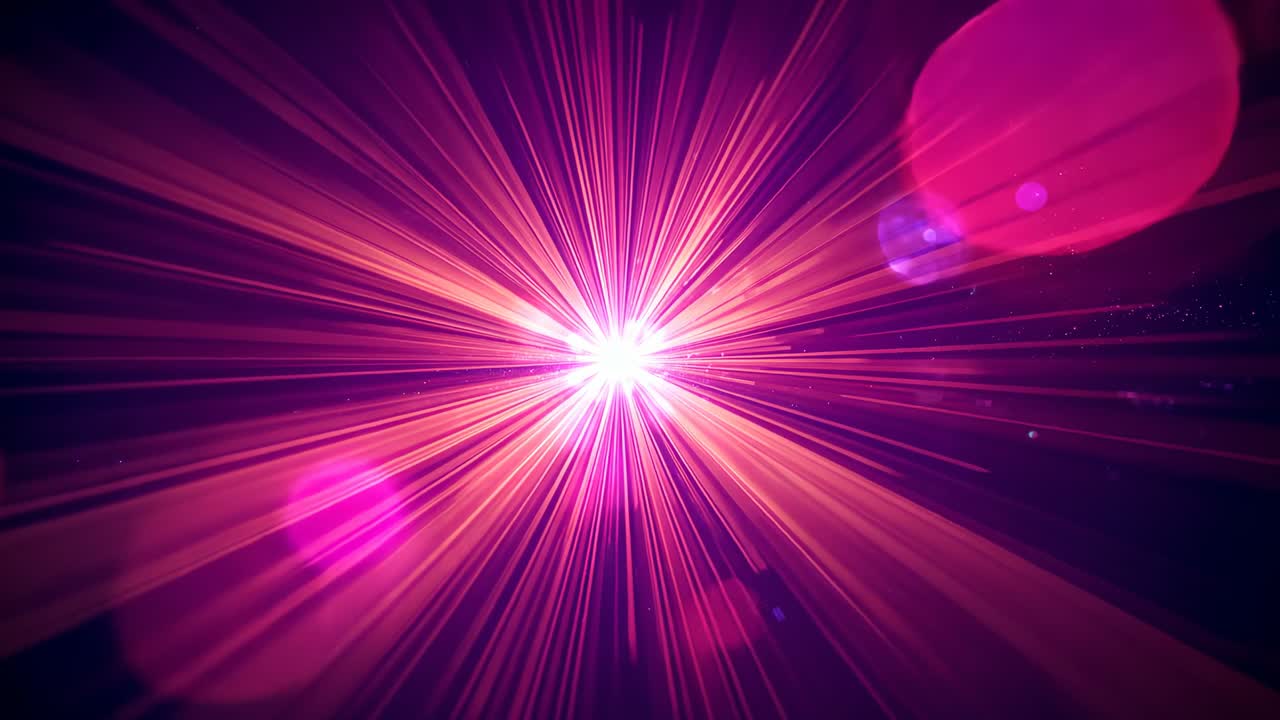 Evolving pink-purple central radial light burst in dark void, with flares and star-like specks