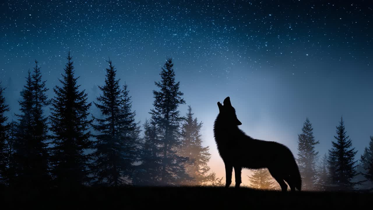 A Majestic Wolf Howls Under a Starry Sky Surrounded by Tall Pines, Emphasizing the Beauty of Nature and the Mystique of the Night