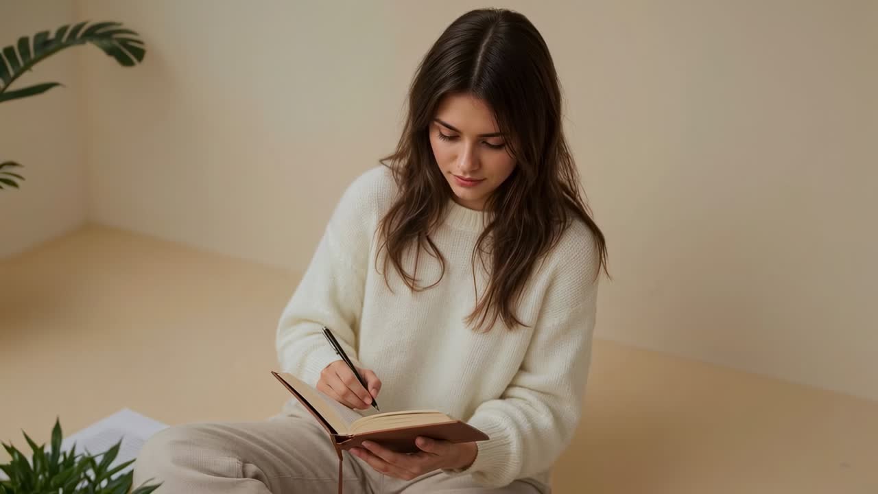Pausing writing, woman in sweater gazing at camera on beige floor with notebook, pen, reflecting